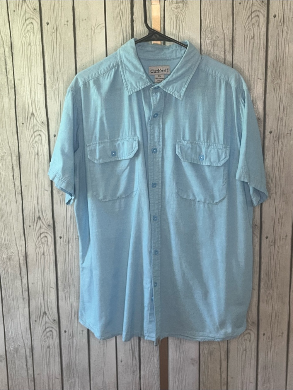 Carhartt Men's XL Blue Chambray Button Down Work Shirt SS Pocket Cotton Loose
